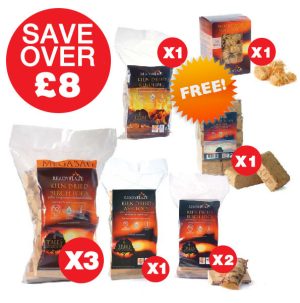 STARTER BUNDLE: 3 X PACKS OF 14KG MEGABAG BIRCH KILN DRIED LOGS, 3 X 7KG BIRCH, 1 X FREE KINDLING, 1 FREE WOOD WOOL & 1 FREE BRIQUETTE
