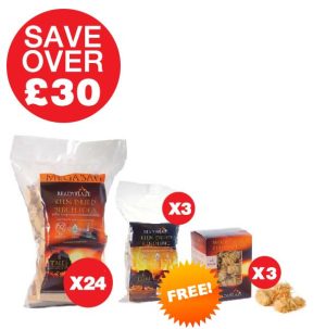 24 PACK OF 14KG MEGABAG BIRCH KILN DRIED LOGS, 3 FREE KINDLING & 3 FREE WOODWOOL