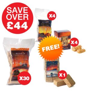 30 PACK OF 14KG MEGABAG BIRCH KILN DRIED LOGS, 4 FREE KINDLING, 4 FREE WOOD WOOL & 1 FREE BRIQUETTE