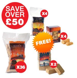 36 PACK OF 14KG MEGABAG BIRCH KILN DRIED LOGS, 4 FREE KINDLING, 4 FREE WOOD WOOL & 2 FREE BRIQUETTES