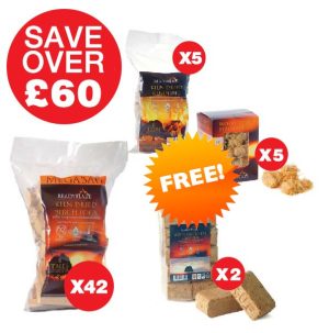 42 PACK OF 14KG MEGABAG BIRCH KILN DRIED LOGS, 5 FREE KINDLING, 5 FREE WOOD WOOL & 2 FREE BRIQUETTES