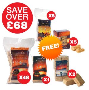 48 PACK OF 14KG MEGABAG BIRCH KILN DRIED LOGS, FREE 7KG BIRCH, 5 FREE KINDLING & 5 FREE WOOD WOOL & 2 FREE BRIQUETTES